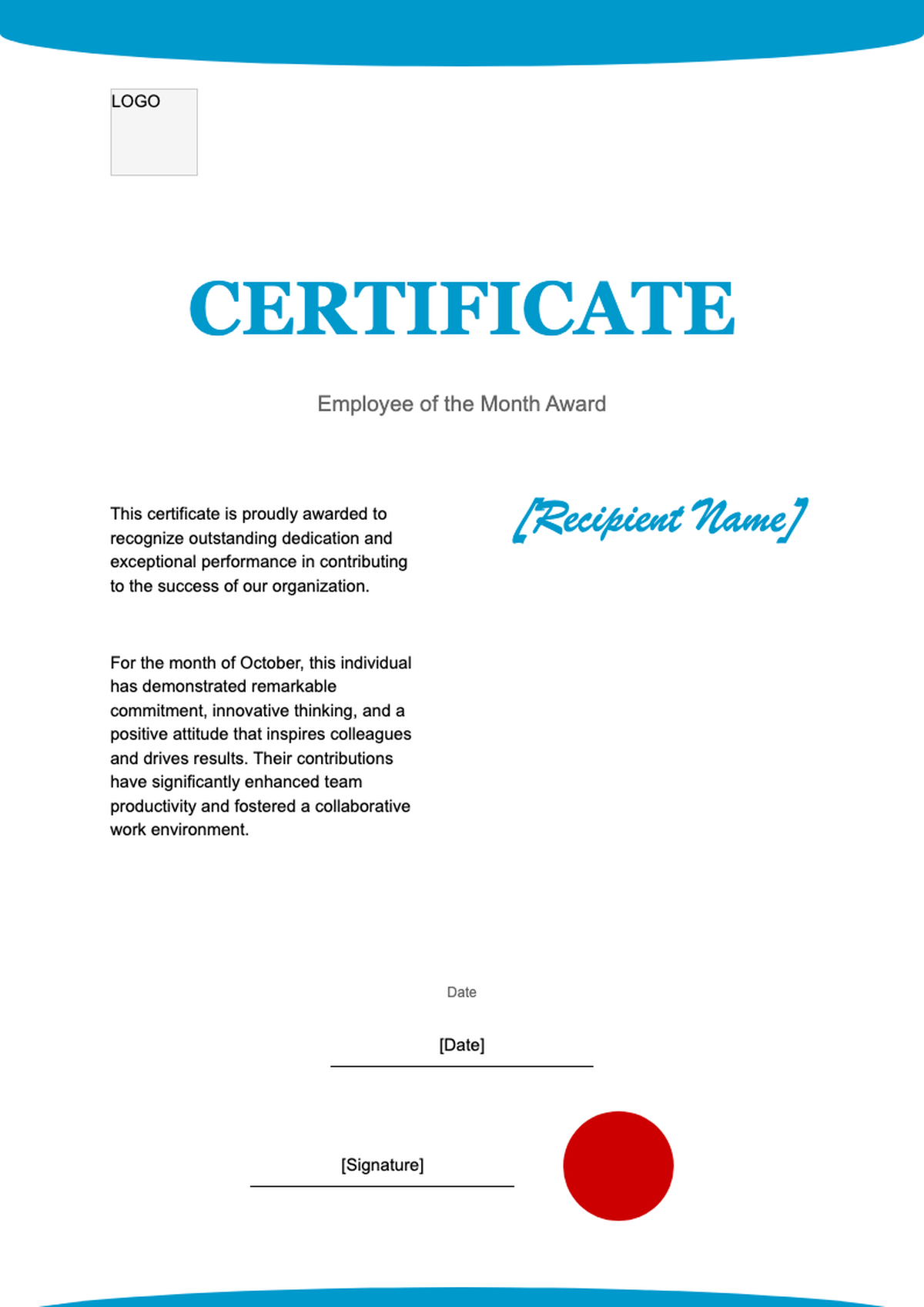 Professional employee of the month certificate with blue accents and red seal_variant_2
